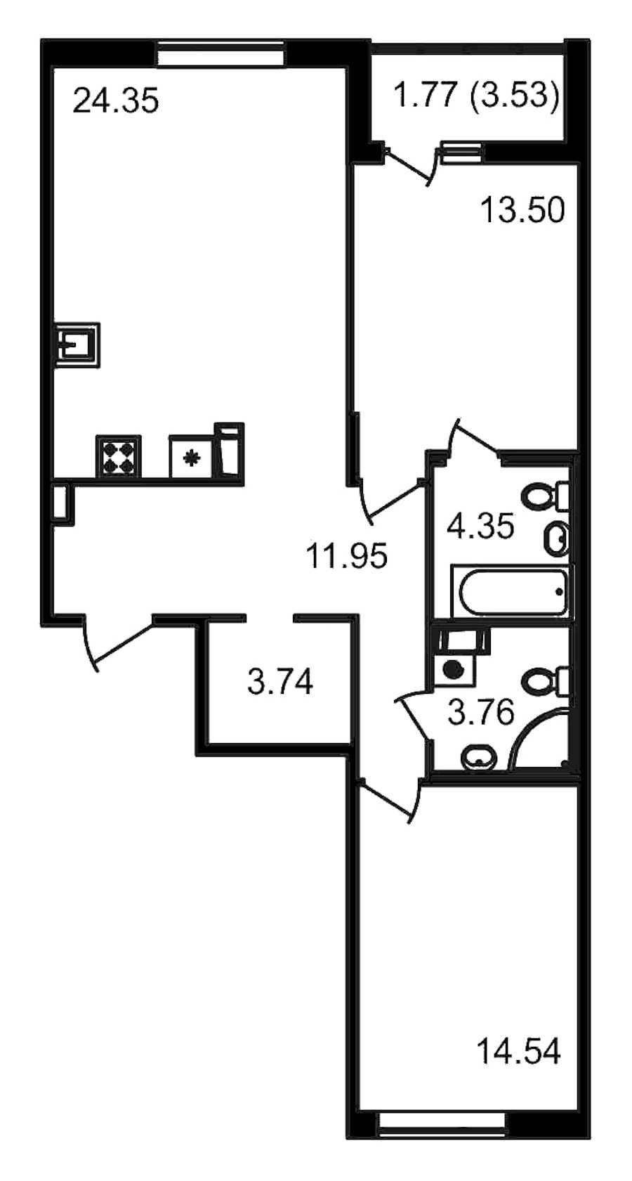 Двухкомнатная квартира в : площадь 79.72 м2 , этаж: 14 – купить в Санкт-Петербурге